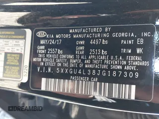 2018 Kia Optima EX with VIN 5XXGU4L38JG187309, listed as a IAAI auction lot 42017183 with 82,426 mi miles and . Bid and sale history available at carsss.com. Image 9.