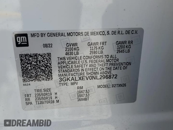 2022 GMC Terrain Denali with VIN 3GKALXEV0NL296872, listed as a Copart auction lot 55835885 with 24,015 mi miles and Salvage title. Bid and sale history available at DreamBid. Image 13.