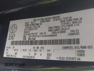 2017 Ford F-150 XL с VIN 1FTFW1EFXHKD98541, выставлен на аукционе IAAI как лот 42258856 с пробегом Не указан миль и . История ставок и продаж доступна на DreamBid. Изображение 9.