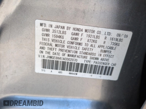 2010 Honda Fit Sport with VIN JHMGE8H41AC002070, listed as a Copart auction lot 62356565 with 148,279 mi miles and Salvage title. Bid and sale history available at DreamBid. Image 12.
