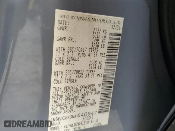 2022 Nissan Frontier SV z VIN 1N6ED1EK3NN640947, wystawiony jako Copart lot #54543805 z przebiegiem Nie podano mil oraz Nie do naprawy • Non repairable. Historia ofert i sprzedaży dostępna na DreamBid. Obrazek 12.