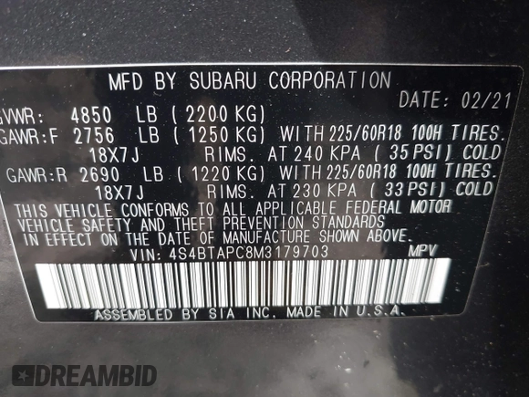 2021 Subaru Outback Touring with VIN 4S4BTAPC8M3179703, listed as a IAAI auction lot 42105368 with 28,372 mi miles and . Bid and sale history available at DreamBid. Image 9.