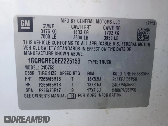 2014 Chevrolet Silverado 1500 LT with VIN 1GCRCREC6EZ225158, listed as a Copart auction lot 75330674 with 204,541 mi miles and Salvage Title. Bid and sale history available at DreamBid. Image 12.