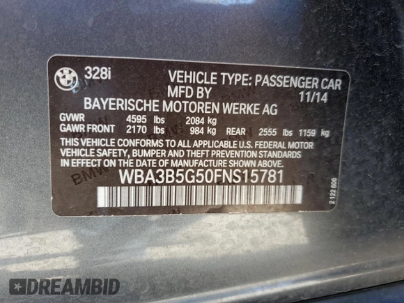 2015 BMW 3 Series 328i xDrive with VIN WBA3B5G50FNS15781, listed as a Copart auction lot 53875595 with 77,286 mi miles and Salvage Title. Bid and sale history available at carsss.com. Image 12.
