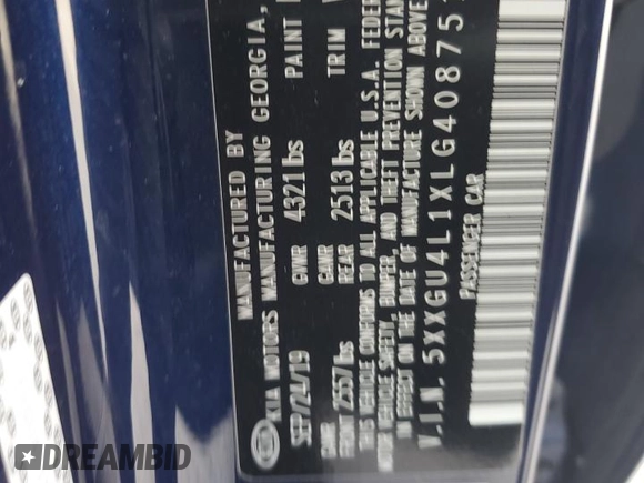 2020 Kia Optima EX Premium with VIN 5XXGU4L1XLG408751, listed as a Copart auction lot 87314504 with 79,256 mi miles and Salvage Title. Bid and sale history available at carsss.com. Image 13.