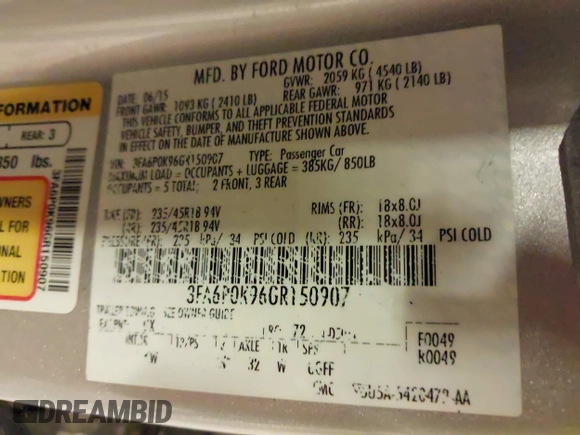 2016 Ford Fusion Titanium with VIN 3FA6P0K96GR150907, listed as a IAAI auction lot 42291933 with 200,463 mi miles and . Bid and sale history available at DreamBid. Image 9.