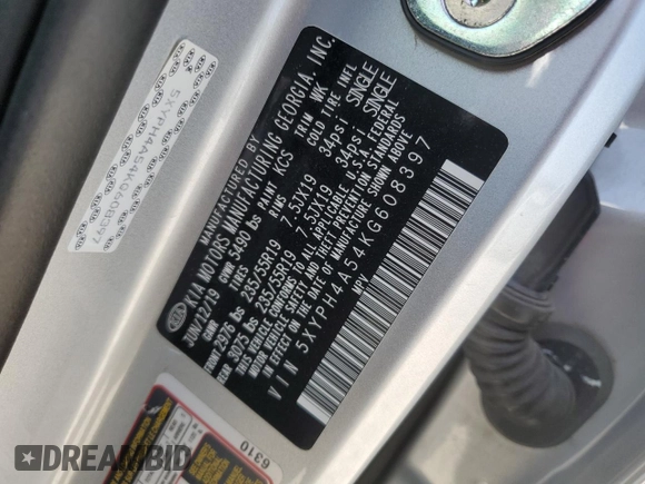 2019 Kia Sorento EX Sport V6 with VIN 5XYPH4A54KG608397, listed as a Copart auction lot 52521685 with 83,032 mi miles and Salvage Title. Bid and sale history available at carsss.com. Image 16.