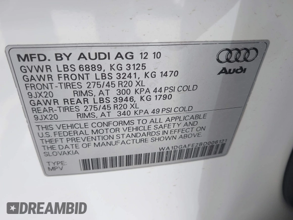 2011 Audi Q7 S line с VIN WA1DGAFE2BD006121, выставлен на аукционе IAAI как лот 42177073 с пробегом 212 163 миль миль и . История ставок и продаж доступна на DreamBid. Изображение 9.