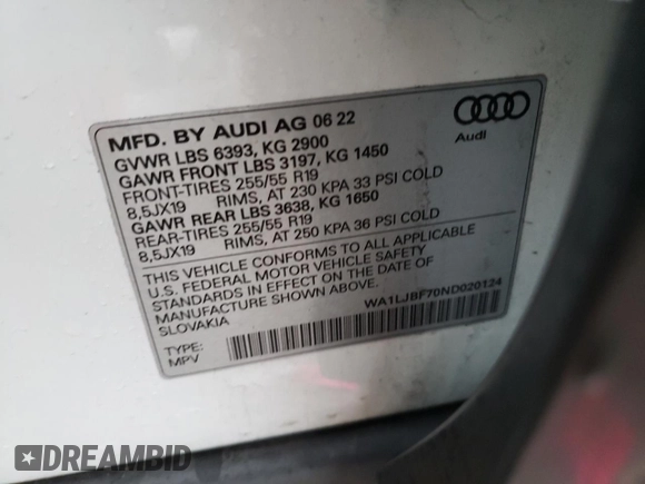 2022 Audi Q7 Premium Plus with VIN WA1LJBF70ND020124, listed as a Copart auction lot 42432685 with 36,644 mi miles and Salvage title. Bid and sale history available at DreamBid. Image 13.