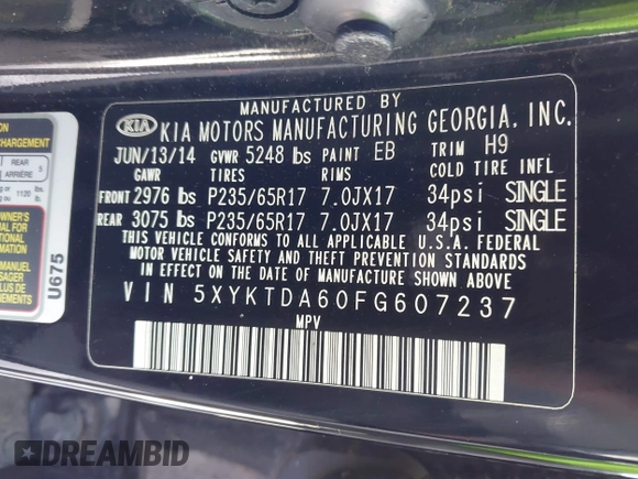 2015 Kia Sorento LX with VIN 5XYKTDA60FG607237, listed as a IAAI auction lot 41690678 with 114,380 mi miles. Bid and sale history available at carsss.com. Image 9.