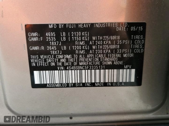 2015 Subaru Outback Limited with VIN 4S4BSBNC5F3335131, listed as a Copart auction lot 54481645 with 103,173 mi miles and Salvage Title. Bid and sale history available at DreamBid. Image 13.