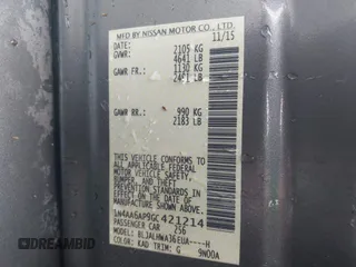 2016 Nissan Maxima SV with VIN 1N4AA6AP9GC421214, listed as a IAAI auction lot 41962643 with 62,505 mi miles and . Bid and sale history available at carsss.com. Image 9.