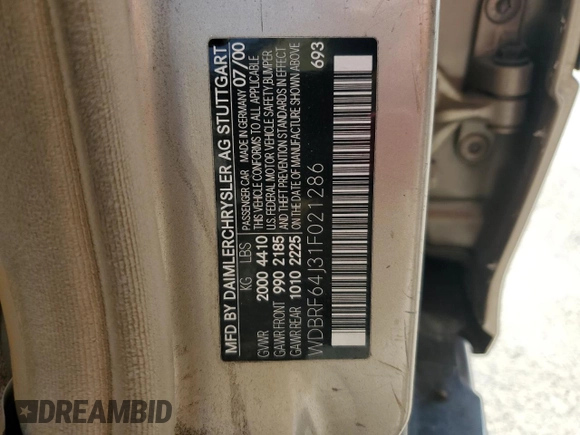 2001 Mercedes-Benz C 320 with VIN WDBRF64J31F021286, listed as a Copart auction lot 54145865 with 189,930 mi miles and Salvage Title. Bid and sale history available at DreamBid. Image 12.