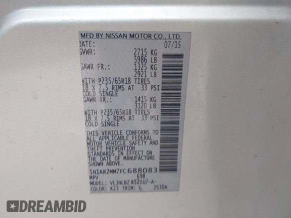 2015 Nissan Pathfinder S z VIN 5N1AR2MM7FC688083, wystawiony jako IAAI lot #42156969 z przebiegiem 99 752 mil mil oraz . Historia ofert i sprzedaży dostępna na DreamBid. Obrazek 9.