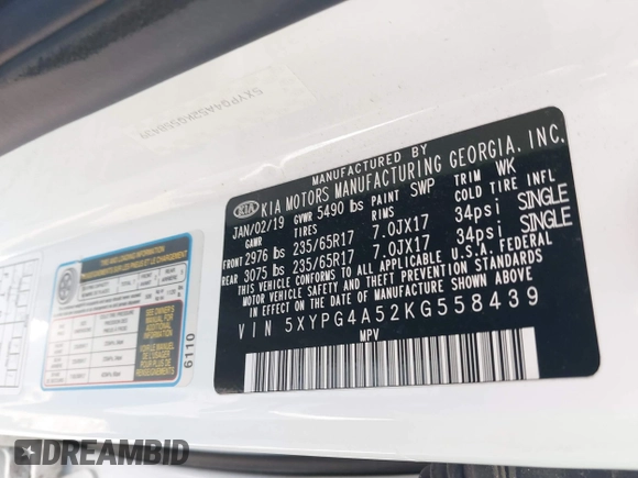 2019 Kia Sorento S V6 with VIN 5XYPG4A52KG558439, listed as a IAAI auction lot 41462127 with 73,552 mi miles. Bid and sale history available at carsss.com. Image 9.