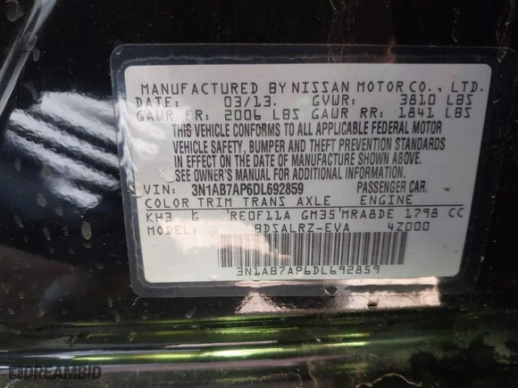 2013 Nissan Sentra SR with VIN 3N1AB7AP6DL692859, listed as a IAAI auction lot 41462052 with 124,370 mi miles. Bid and sale history available at carsss.com. Image 9.