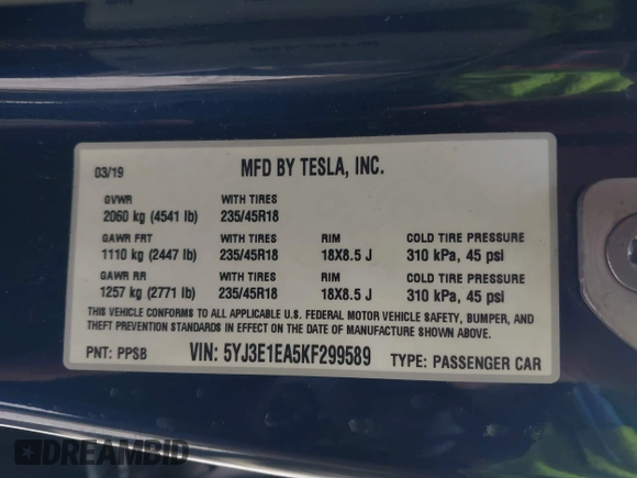 2019 Tesla Model 3 Mid Range with VIN 5YJ3E1EA5KF299589, listed as a IAAI auction lot 41709733 with 50,256 mi miles and . Bid and sale history available at DreamBid. Image 9.