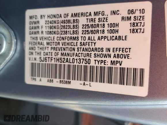 2010 Honda Crosstour EX-L z VIN 5J6TF1H52AL013750, wystawiony jako Copart lot #84113394 z przebiegiem 149 348 mil mil oraz Szkoda całkowita • Salvage title. Historia ofert i sprzedaży dostępna na DreamBid. Obrazek 12.
