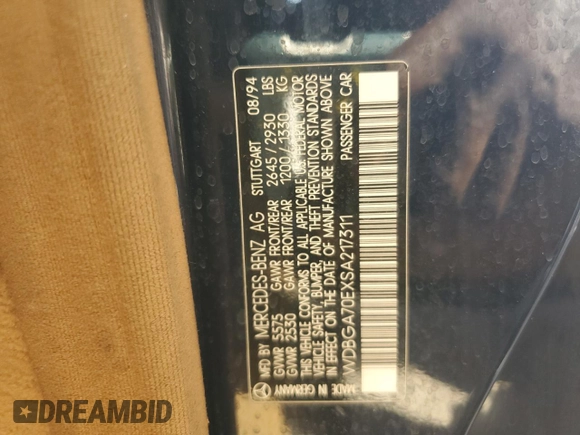 1995 Mercedes-Benz S with VIN WDBGA70EXSA217311, listed as a Copart auction lot 73434634 with Not Provided miles and Salvage Title. Bid and sale history available at DreamBid. Image 12.