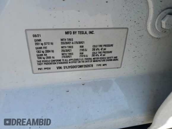 2021 Tesla Model Y Performance with VIN 5YJYGDEF3MF262878, listed as a Copart auction lot 52897595 with 50,939 mi miles and Salvage Title. Bid and sale history available at DreamBid. Image 13.