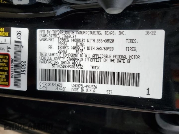 2023 Toyota Tundra Platinum Hybrid with VIN 5TFNC5DBXPX013832, listed as a Copart auction lot 54232575 with 52,894 mi miles and Clean title. Bid and sale history available at DreamBid. Image 12.
