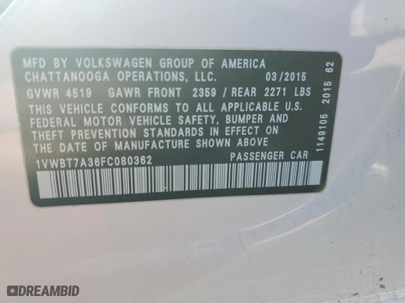 2015 Volkswagen Passat 1.8T SE w/Sunroof & Nav with VIN 1VWBT7A36FC080362, listed as a Copart auction lot 49840165 with 0 mi miles and Salvage Title. Bid and sale history available at carsss.com. Image 12.