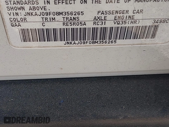 2008 Infiniti EX Journey with VIN JNKAJ09F08M356265, listed as a IAAI auction lot 42595500 with 177,764 mi miles and . Bid and sale history available at DreamBid. Image 9.