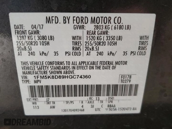 2017 Ford Explorer XLT с VIN 1FM5K8D89HGC74360, выставлен на аукционе Copart как лот 55303965 с пробегом 105 510 миль миль и Списание • Salvage title. История ставок и продаж доступна на DreamBid. Изображение 14.