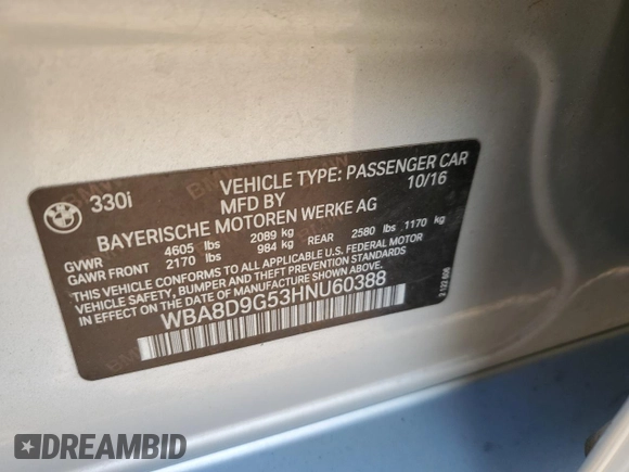 2017 BMW 3 Series 330i xDrive with VIN WBA8D9G53HNU60388, listed as a Copart auction lot 44855365 with 88,875 mi miles and Salvage Title. Bid and sale history available at carsss.com. Image 12.