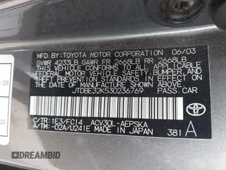 2003 Toyota Camry LE with VIN JTDBE32K530236769, listed as a IAAI auction lot 42250783 with 194,445 mi miles and . Bid and sale history available at DreamBid. Image 9.
