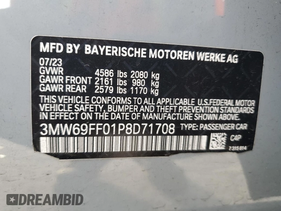 2023 BMW 3 Series 330i with VIN 3MW69FF01P8D71708, listed as a Copart auction lot 45745505 with 22,980 mi miles and Salvage Title. Bid and sale history available at carsss.com. Image 14.