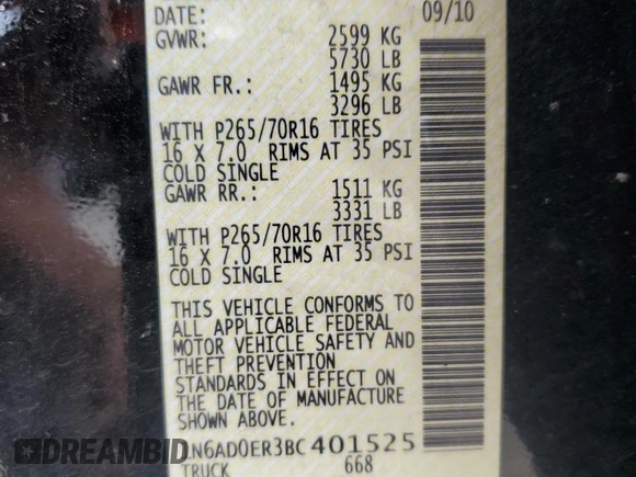2011 Nissan Frontier S with VIN 1N6AD0ER3BC401525, listed as a Copart auction lot 64063005 with 98,902 mi miles and Salvage title. Bid and sale history available at DreamBid. Image 12.