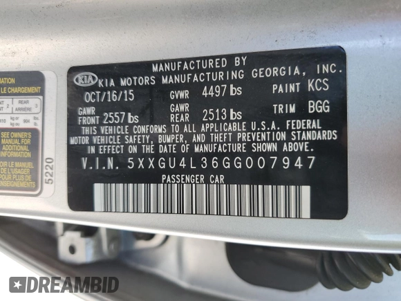 2016 Kia Optima EX with VIN 5XXGU4L36GG007947, listed as a Copart auction lot 58442435 with 81,559 mi miles and Salvage title. Bid and sale history available at DreamBid. Image 12.