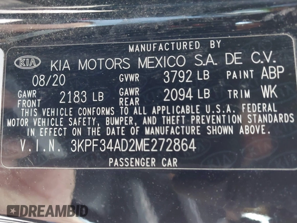 2021 Kia Forte GT-Line with VIN 3KPF34AD2ME272864, listed as a IAAI auction lot 41917512 with 62,610 mi miles. Bid and sale history available at carsss.com. Image 9.