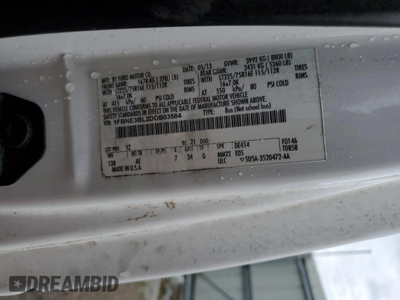 2013 Ford Econoline Passenger XL with VIN 1FBNE3BL2DDB03584, listed as a Copart auction lot 50581445 with 138,710 mi miles and Clean Title. Bid and sale history available at DreamBid. Image 13.