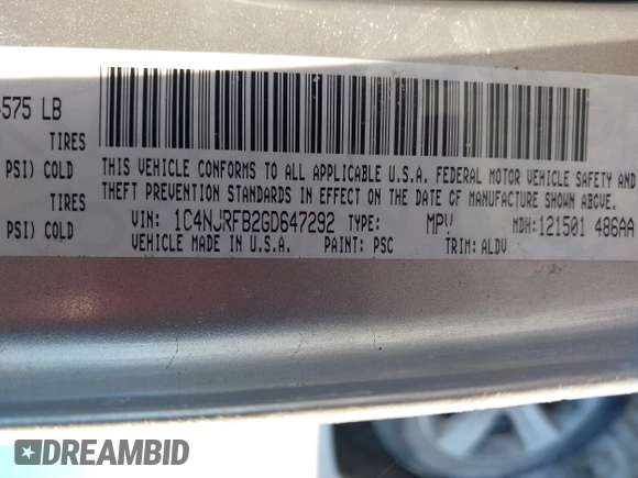 2016 Jeep Patriot Latitude with VIN 1C4NJRFB2GD647292, listed as a IAAI auction lot 41423443 with 88,905 mi miles and . Bid and sale history available at carsss.com. Image 8.