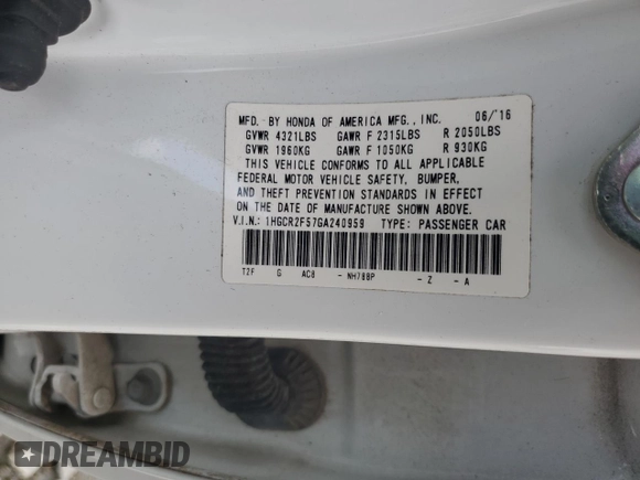 2016 Honda Accord Sport with VIN 1HGCR2F57GA240959, listed as a Copart auction lot 61843115 with Not provided miles and Salvage title. Bid and sale history available at DreamBid. Image 13.