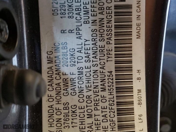 2020 Honda Civic Sedan LX with VIN 2HGFC2F62LH552254, listed as a Copart auction lot 46882845 with 48,967 mi miles and Salvage Title. Bid and sale history available at carsss.com. Image 13.