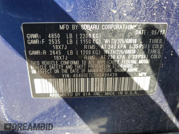 2017 Subaru Outback Touring with VIN 4S4BSETC5H3408439, listed as a Copart auction lot 49413815 with 72,657 mi miles and Non repairable. Bid and sale history available at DreamBid. Image 12.