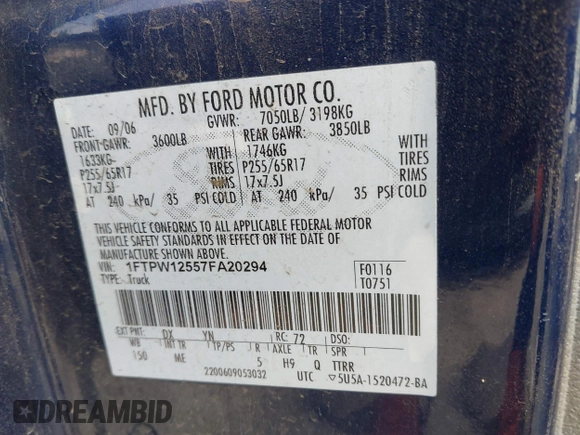 2007 Ford F-150 XLT z VIN 1FTPW12557FA20294, wystawiony jako IAAI lot #42118624 z przebiegiem 174 206 mil mil oraz . Historia ofert i sprzedaży dostępna na DreamBid. Obrazek 9.