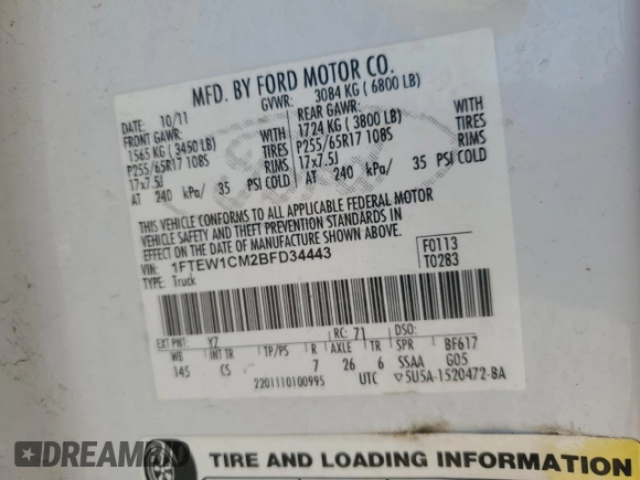2011 Ford F-150 XL with VIN 1FTEW1CM2BFD34443, listed as a Copart auction lot 64940495 with 305,412 mi miles and Clean title. Bid and sale history available at DreamBid. Image 12.