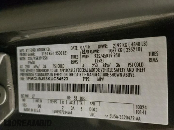 2019 Ford Escape Titanium z VIN 1FMCU9J93KUC54523, wystawiony jako Copart lot #53613665 z przebiegiem 140 895 mil mil oraz Szkoda całkowita • Salvage title. Historia ofert i sprzedaży dostępna na DreamBid. Obrazek 13.