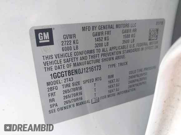 2018 Chevrolet Colorado 4WD Work Truck z VIN 1GCGTBEN0J1216173, wystawiony jako IAAI lot #41788805 z przebiegiem 216 820 mil mil oraz . Historia ofert i sprzedaży dostępna na DreamBid. Obrazek 9.
