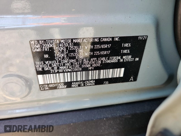 2021 Toyota RAV4 XLE with VIN 2T3P1RFVXMW239608, listed as a Copart auction lot 61794525 with 48,665 mi miles and Salvage title. Bid and sale history available at DreamBid. Image 13.