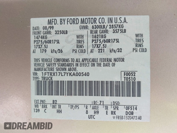 2000 Ford F-150 XL with VIN 1FTRX17L7YKA00540, listed as a IAAI auction lot 42739489 with Not provided miles and . Bid and sale history available at DreamBid. Image 9.