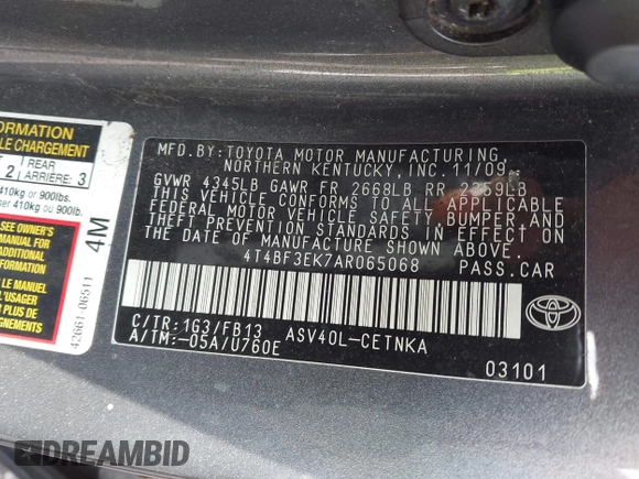 2010 Toyota Camry with VIN 4T4BF3EK7AR065068, listed as a IAAI auction lot 42088904 with 284,450 mi miles and . Bid and sale history available at DreamBid. Image 9.