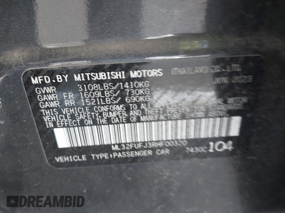 2024 Mitsubishi Mirage ES с VIN ML32FUFJ3RHF00320, выставлен на аукционе IAAI как лот 41879333 с пробегом 28 189 миль миль и . История ставок и продаж доступна на DreamBid. Изображение 9.