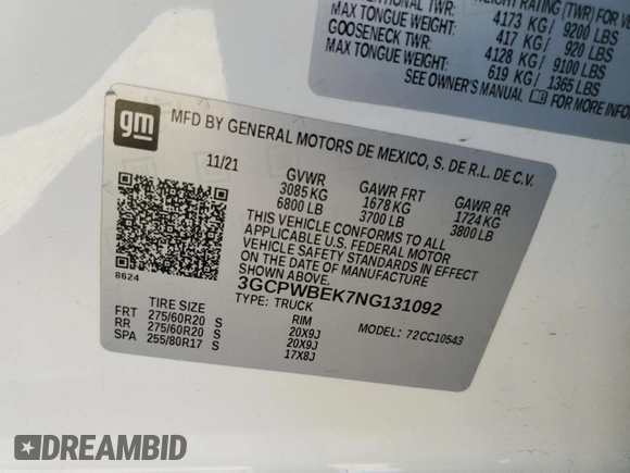 2022 Chevrolet Silverado 1500 Custom with VIN 3GCPWBEK7NG131092, listed as a Copart auction lot 50351115 with 58,409 mi miles and Salvage Title. Bid and sale history available at DreamBid. Image 12.