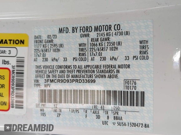 2023 Ford Bronco Sport Badlands z VIN 3FMCR9D93PRD33699, wystawiony jako IAAI lot #40632148 z przebiegiem 21 363 mil mil oraz . Historia ofert i sprzedaży dostępna na DreamBid. Obrazek 9.
