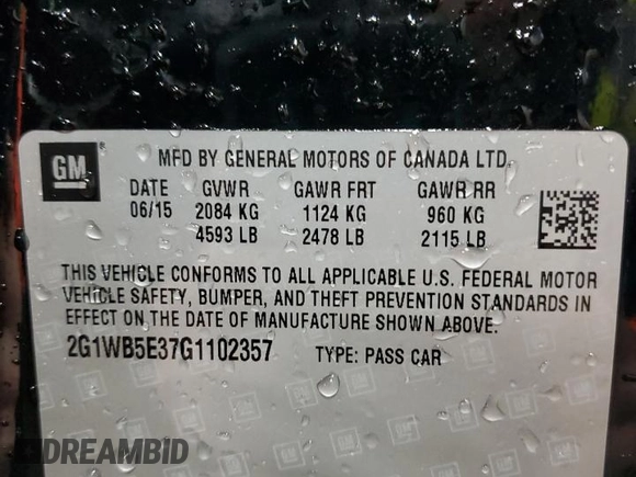 2016 Chevrolet Impala LT with VIN 2G1WB5E37G1102357, listed as a Copart auction lot 45478315 with 191,530 mi miles and Salvage Title. Bid and sale history available at DreamBid. Image 13.